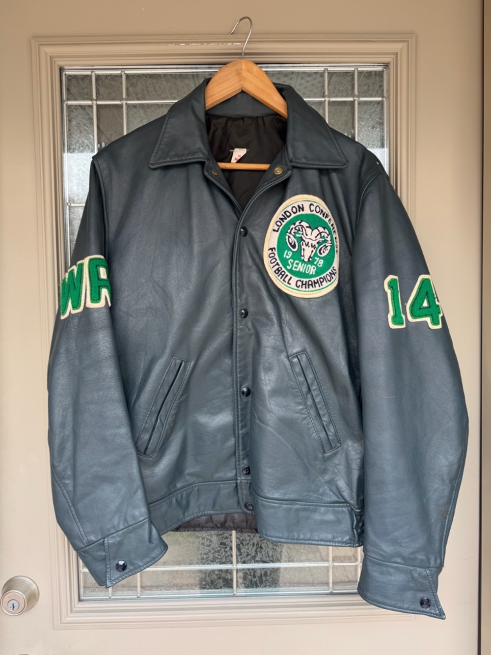 Vintage Leather Varsity Jacket - Dark Teal Green with Green & White Patches